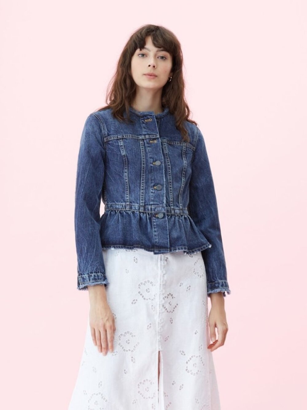 Womens La Vie Rebecca Taylor Blue (Item-59) Frayed Peplum Waist Denim Jacket S